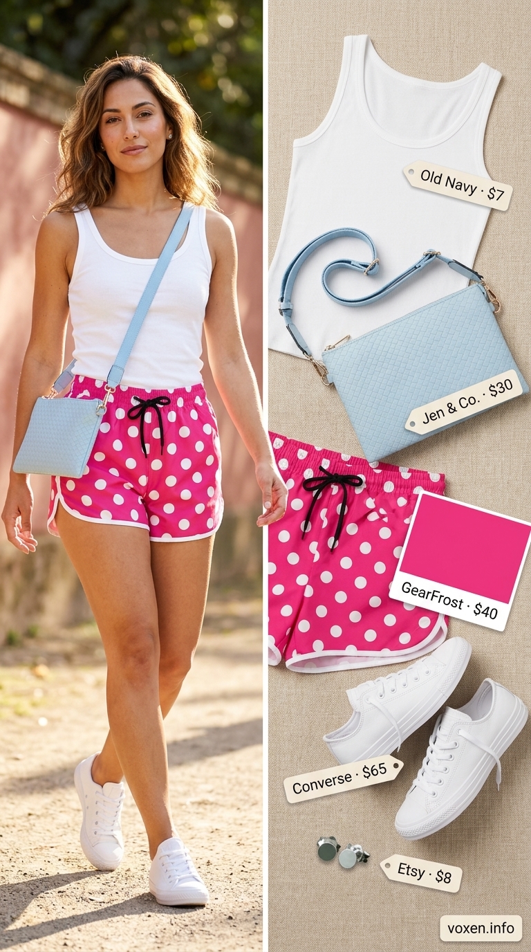 Hot pink polka dot shorts & white tank for retro summer outfits for women 2026. Casual weekend style.
