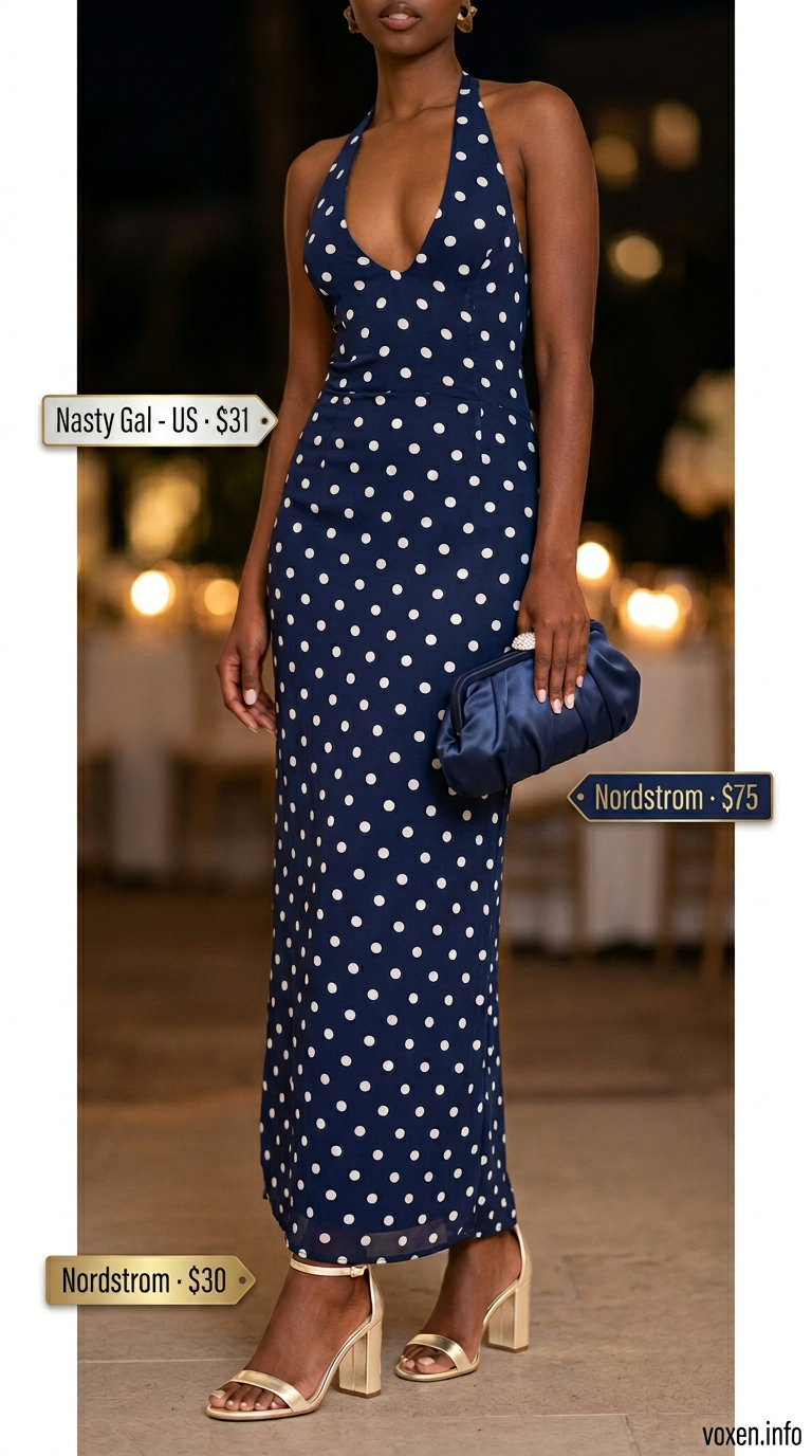 Glamorous navy polka dot maxi dress for evening events. Retro summer polka dots outfits for women 2026.