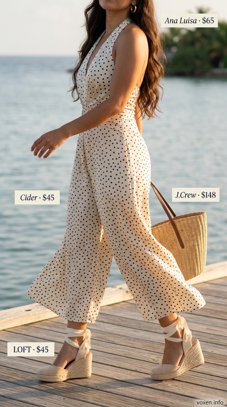 Chic polka dot jumpsuit for vacation: beige with black polka dots, espadrilles. Retro summer 2026.