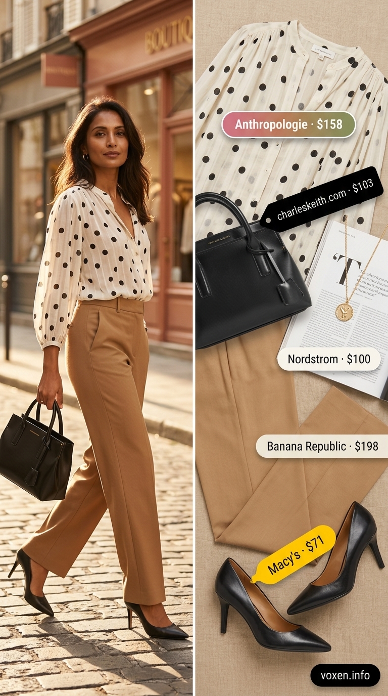 Sophisticated cream and black polka dot blouse with tailored trousers for smart casual office 2026.