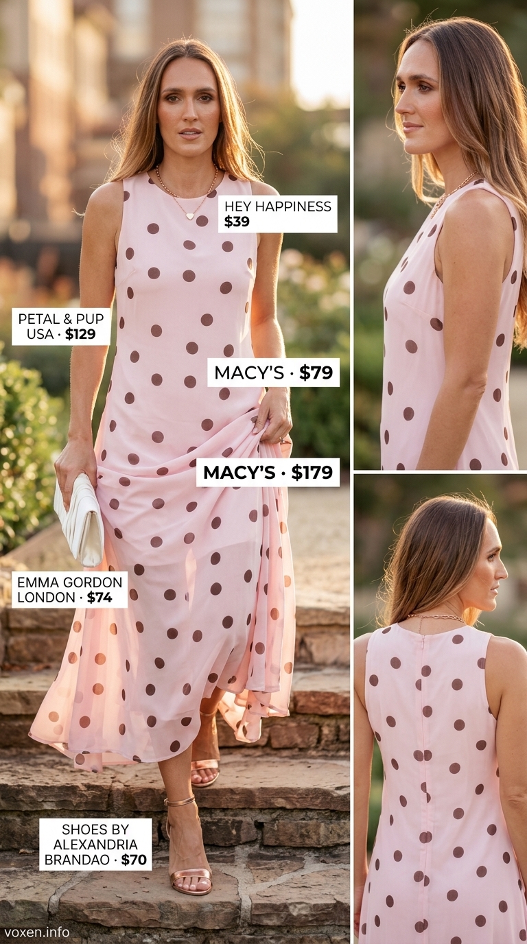 Romantic blush pink polka dot maxi dress for summer weddings or evening events in 2026.