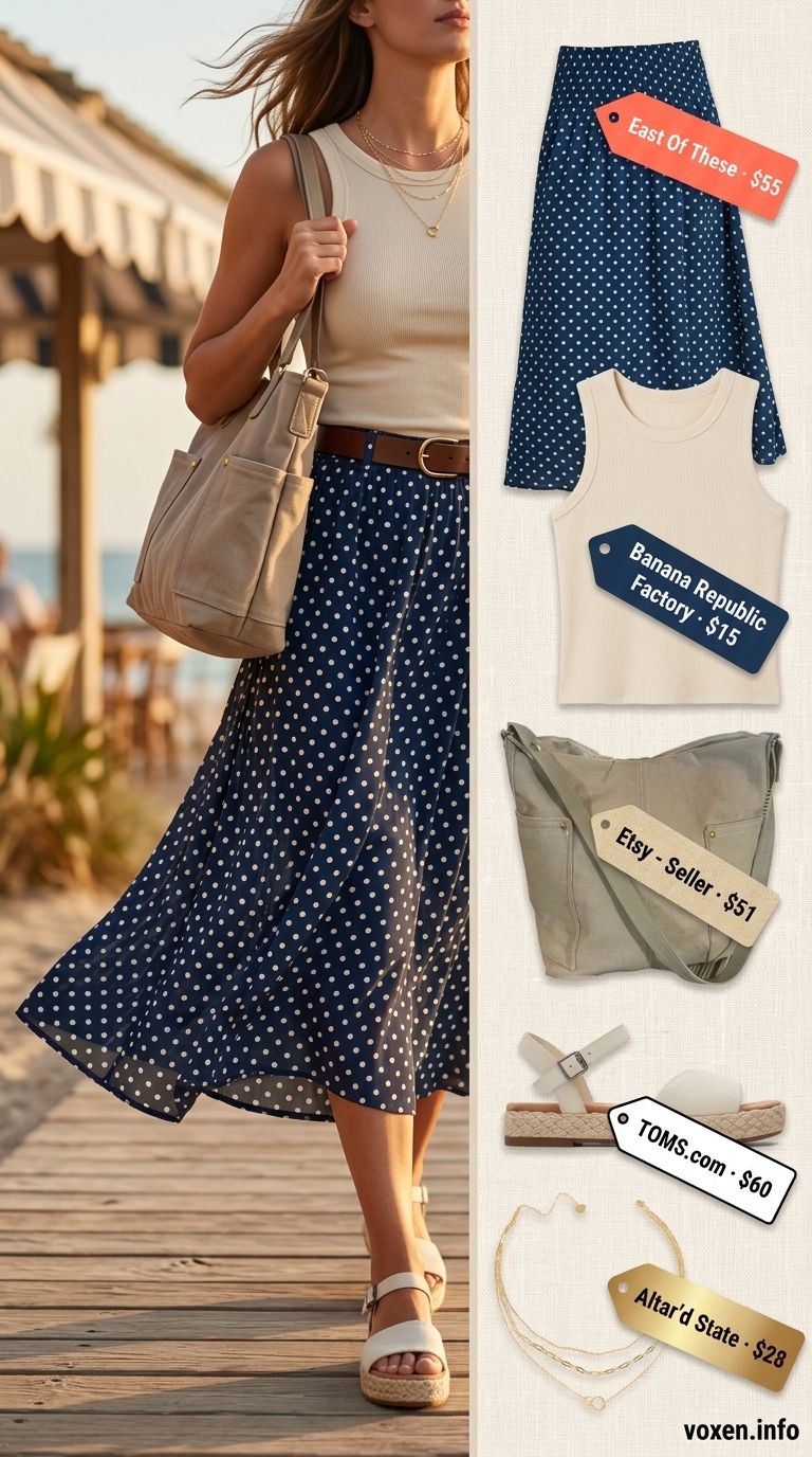 Coastal chic navy and cream polka dot midi skirt outfit for seaside lunch or summer vacation 2026.