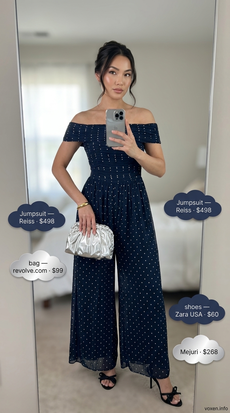 Elegant navy blue polka dot wide-leg jumpsuit for evening events or cocktail parties 2026.