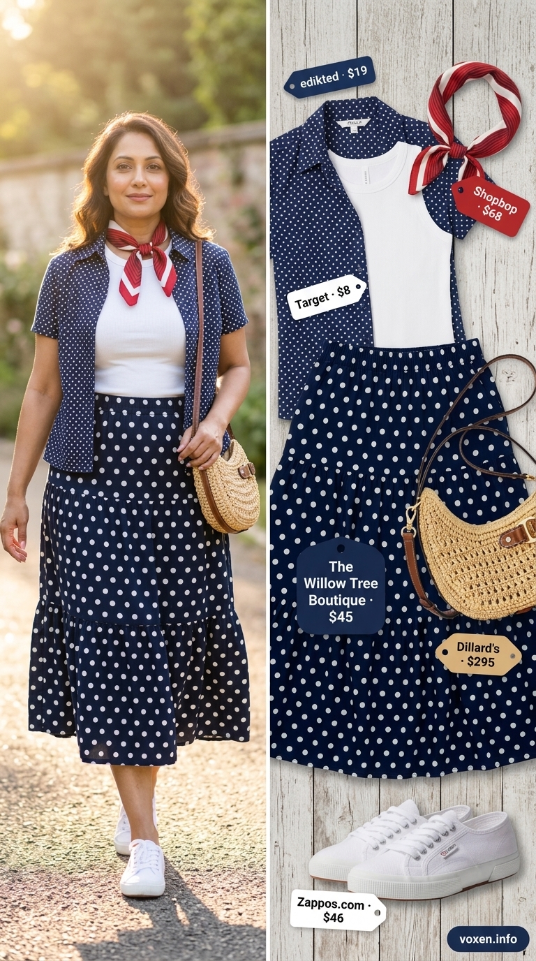 Playful navy polka dot midi skirt with a white tank and red bandana for a picnic outfit 2026.