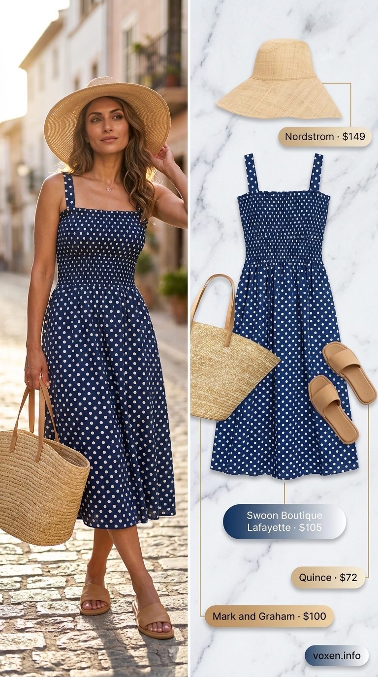 Relaxed sky blue polka dot midi dress for beach days or summer vacation sightseeing 2026.