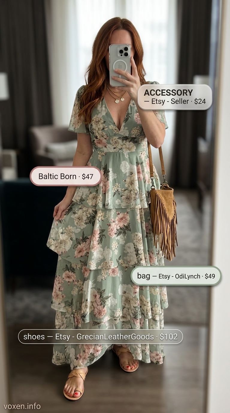 Romantic summer date night outfits for women 2026: Bohemian floral maxi dress, suede fringe bag, and layered necklaces.