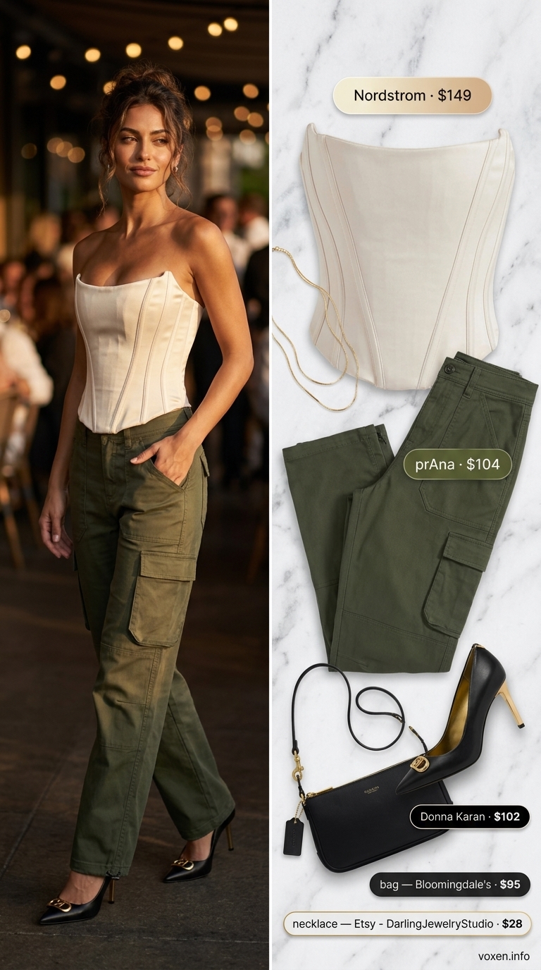Romantic summer date night outfits for women 2026: Olive cargo pants, cream corset top, gold necklace, and black stiletto heels.