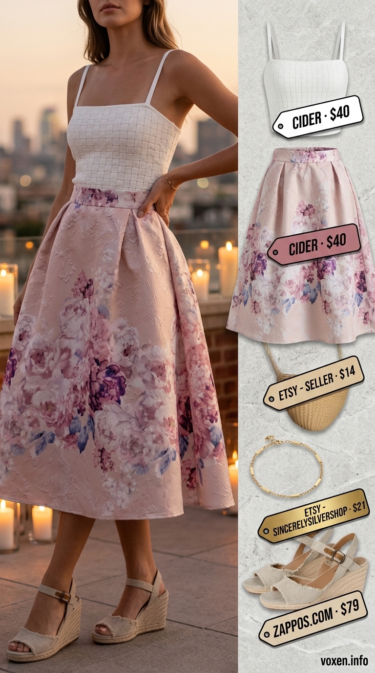 Romantic summer date night outfits for women 2026: Floral midi skirt, white crop top, straw bag, gold bracelet, and espadrilles.