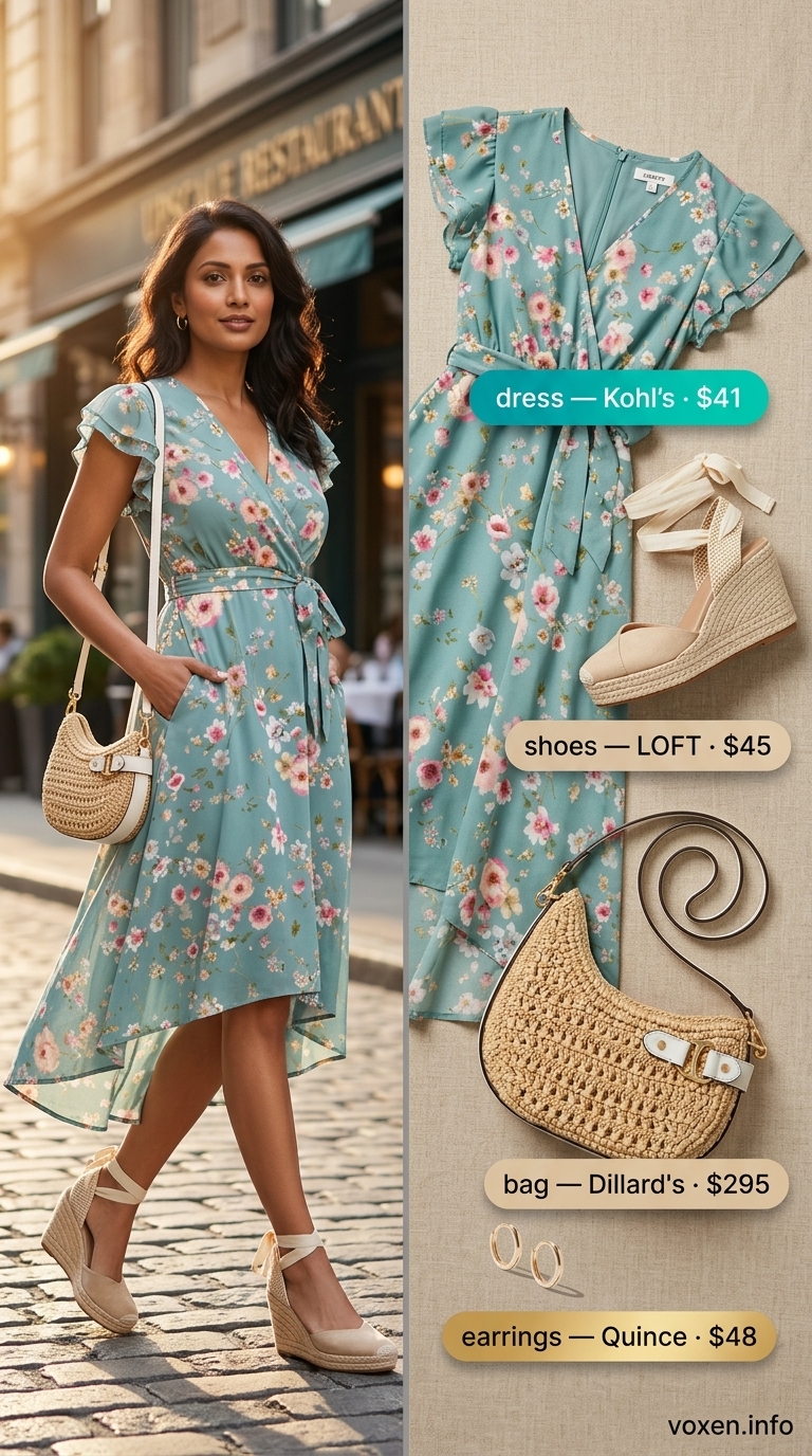 Romantic summer date night outfits for women 2026: Pastel blue floral midi wrap dress, straw crossbody, gold hoops, and espadrilles.
