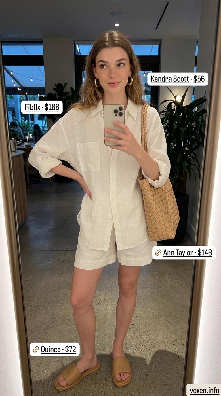 Romantic summer date night outfits for women 2026: Ivory linen set, gold earrings, and leather slide sandals for resort wear.