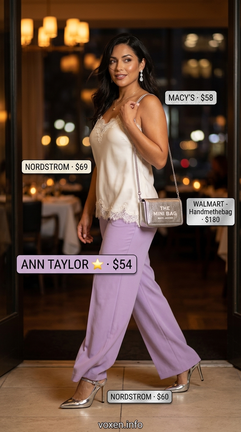 Romantic summer date night outfits for women 2026: Lavender trousers, cream camisole, silver heels, and crystal earrings.
