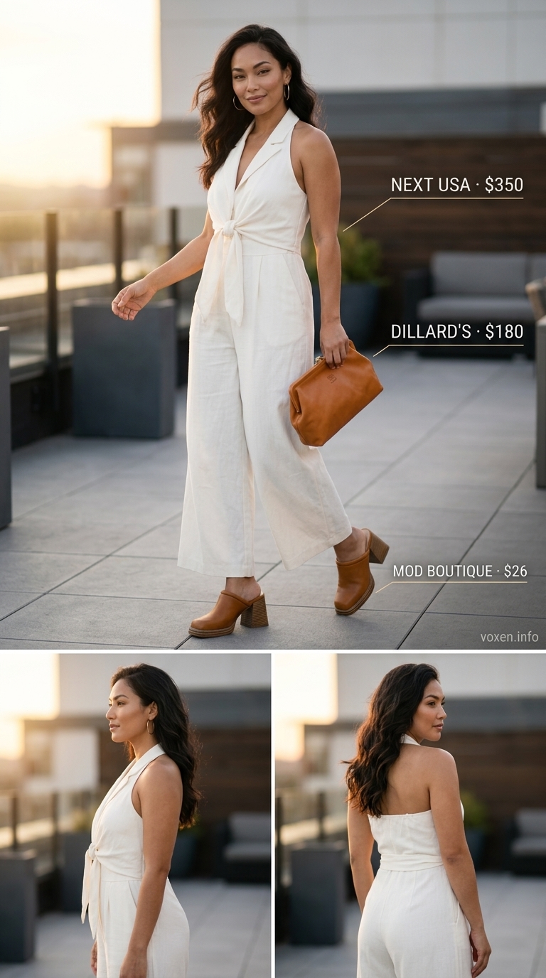 Romantic summer date night outfits for women 2026: Ivory linen jumpsuit, heeled mules, and gold hoop earrings for a chic look.