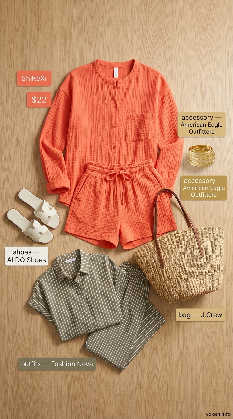 Romantic summer date night outfits for women 2026: Coral linen shorts set, gold bangles, and straw tote bag.