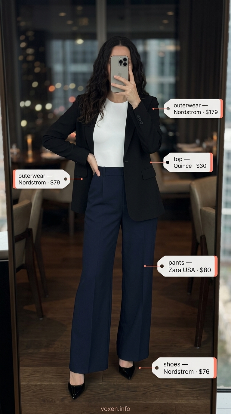 Romantic summer date night outfits for women 2026: Navy wide-leg trousers, cream bodysuit, black blazer, and stiletto heels.