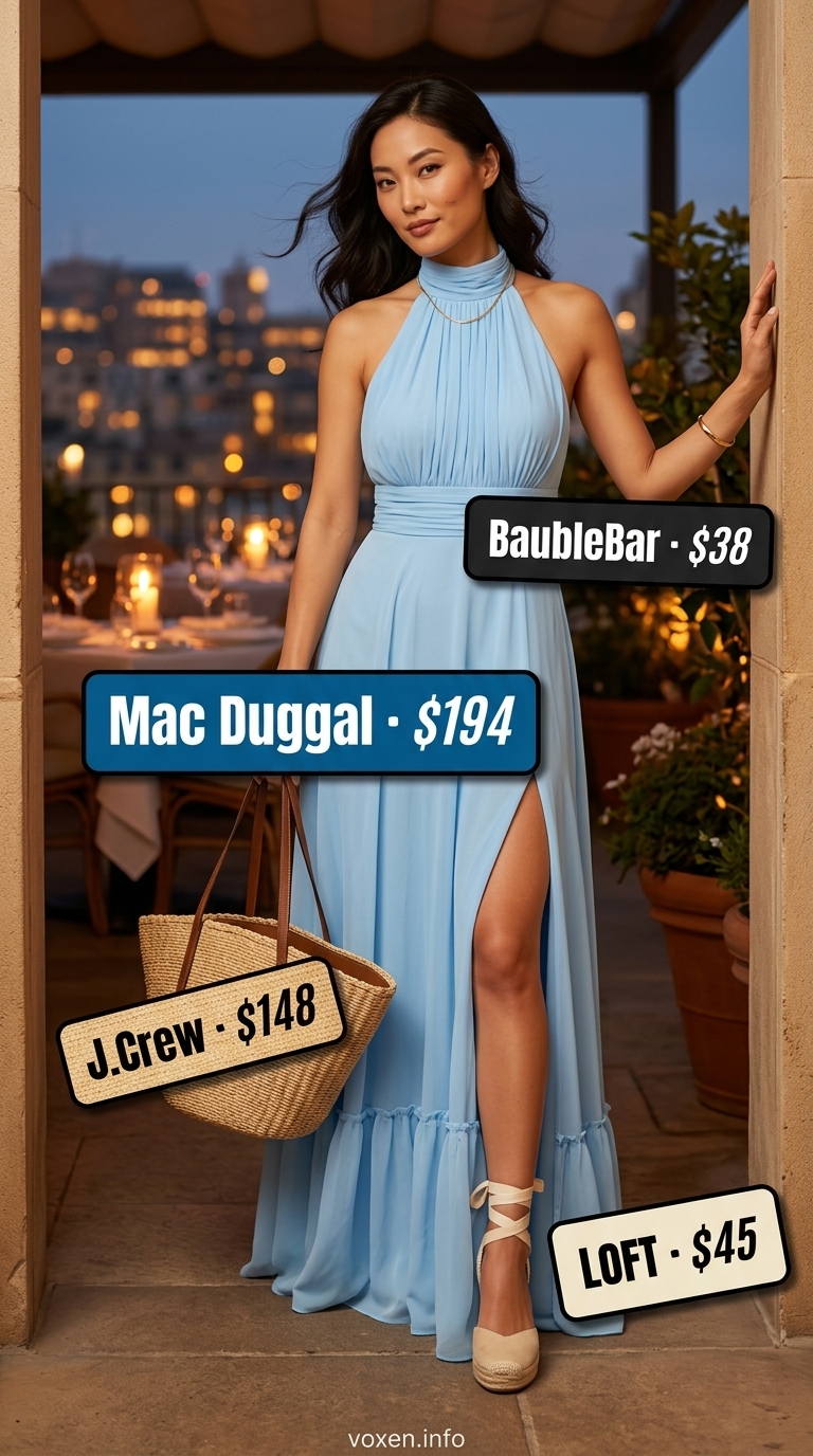 Romantic summer date night outfits for women 2026: Sky blue chiffon maxi dress, straw tote, gold bangles, and espadrilles.