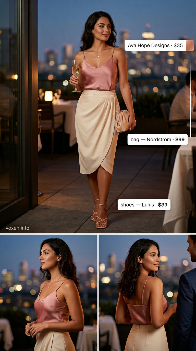 Romantic summer date night outfits for women 2026: Rose pink satin set, gold necklace, cream clutch, and strappy heels.