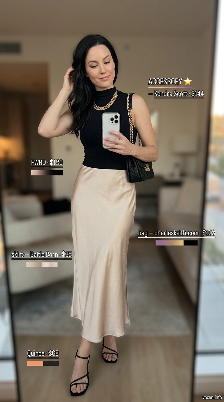 Romantic summer date night outfits for women 2026: Champagne satin skirt, black bodysuit, and statement gold necklace.