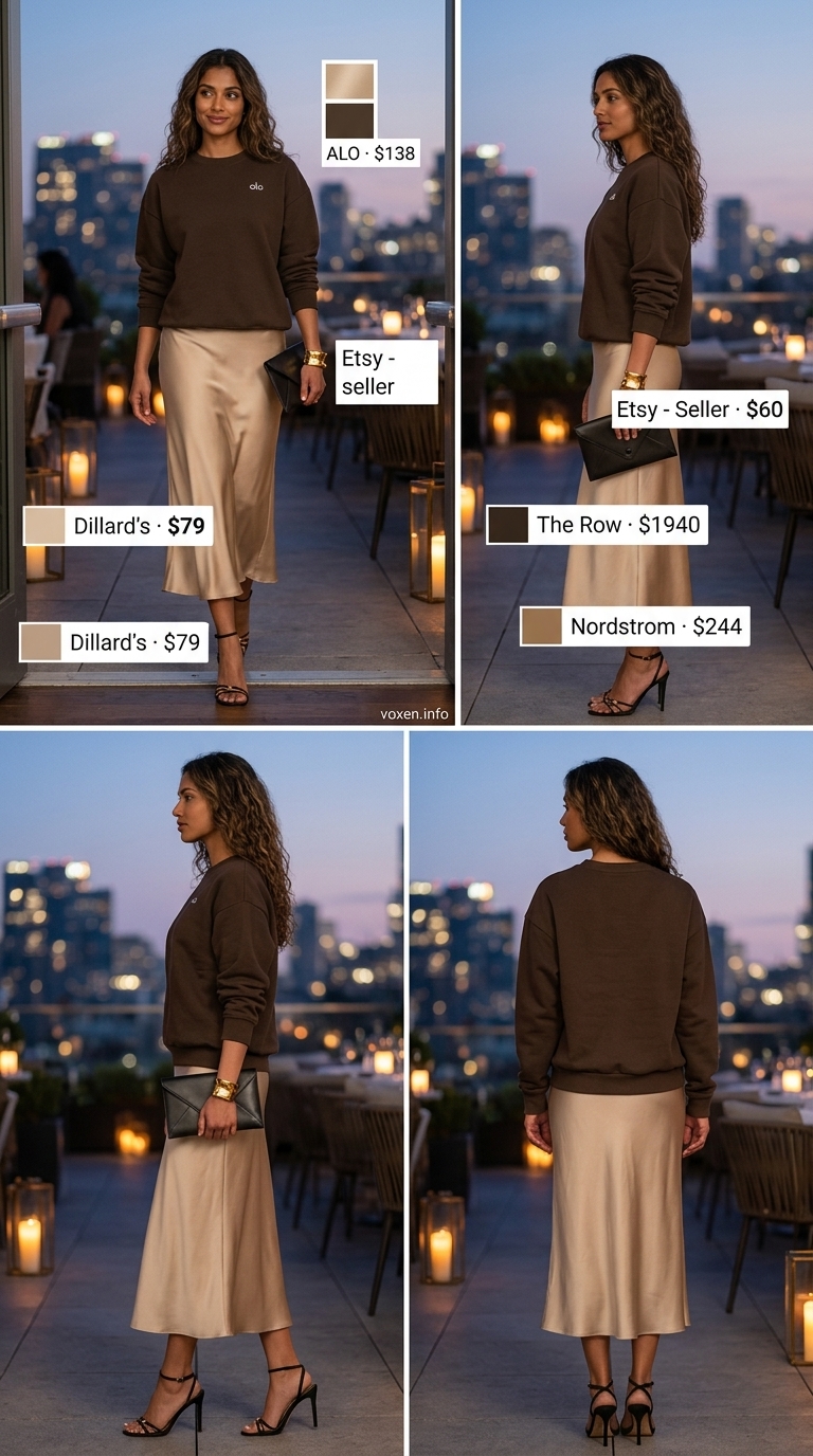 Romantic summer date night outfits for women 2026: Champagne satin skirt, black knit top, gold cuff, and black strappy heels.