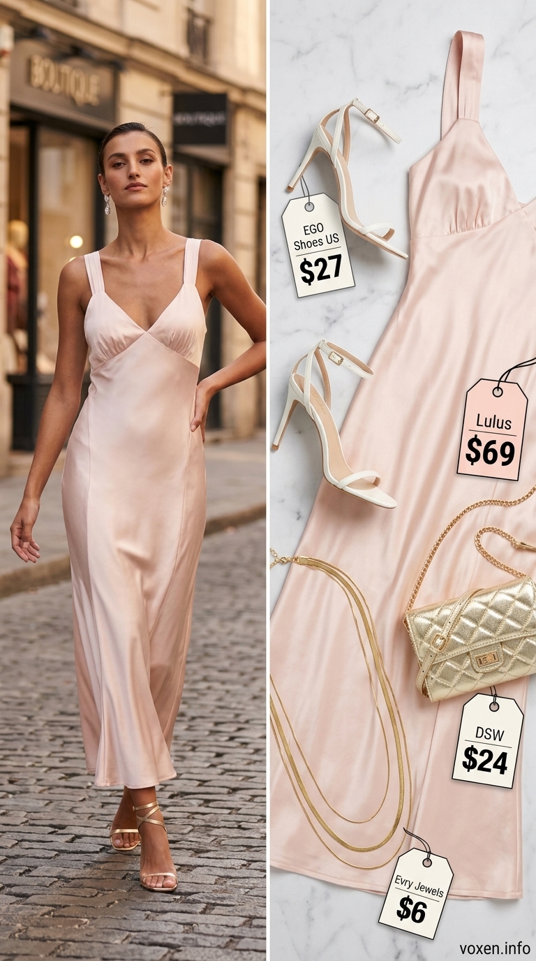 Romantic summer date night outfits for women 2026: Blush pink slip dress, gold necklaces, white heels, and metallic crossbody.