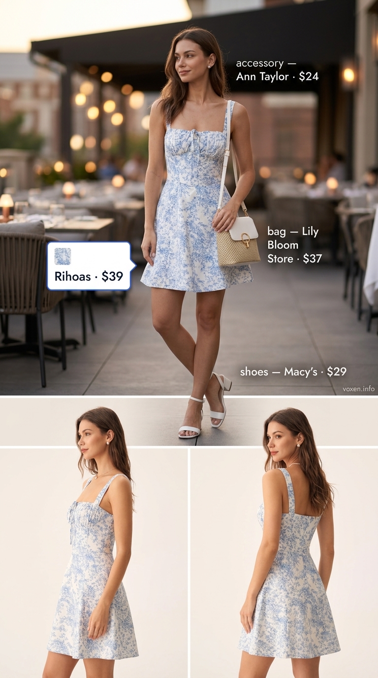 Romantic summer date night outfits for women 2026: Light blue floral mini dress with puff sleeves and pearl earrings.