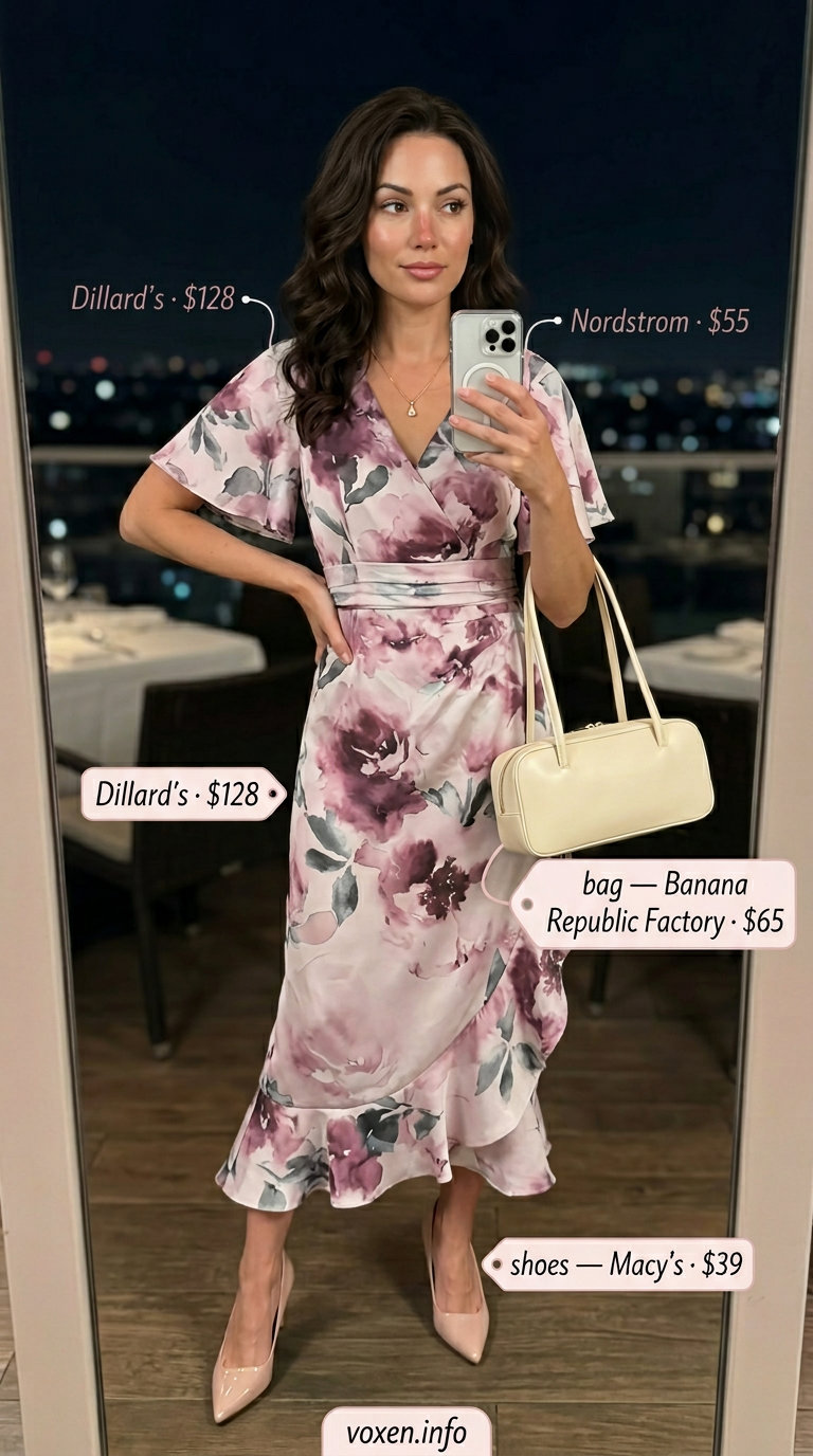Romantic summer date night outfits for women 2026: Dusty rose floral wrap dress, nude pumps, and structured top-handle bag.