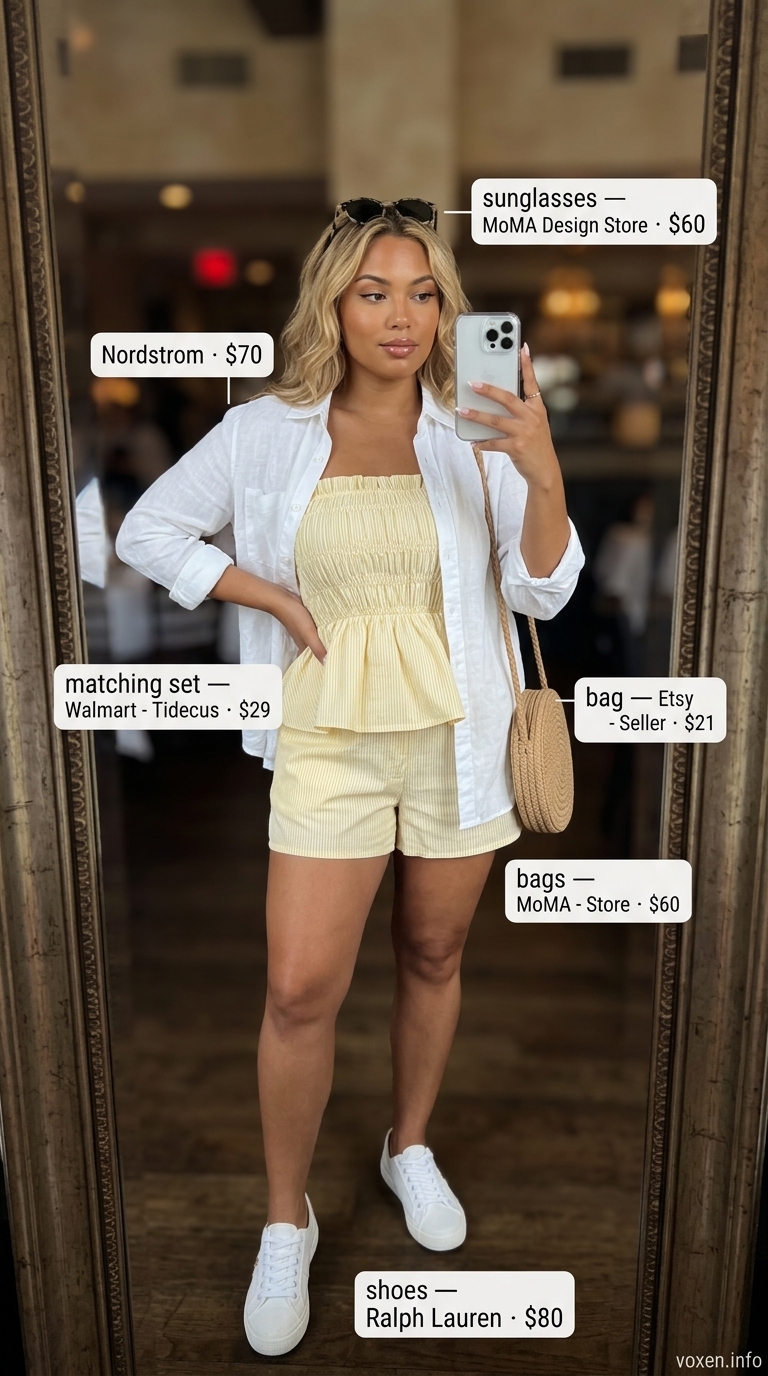 Romantic summer date night outfits for women 2026: Pale yellow shorts set, white linen shirt, and canvas sneakers.
