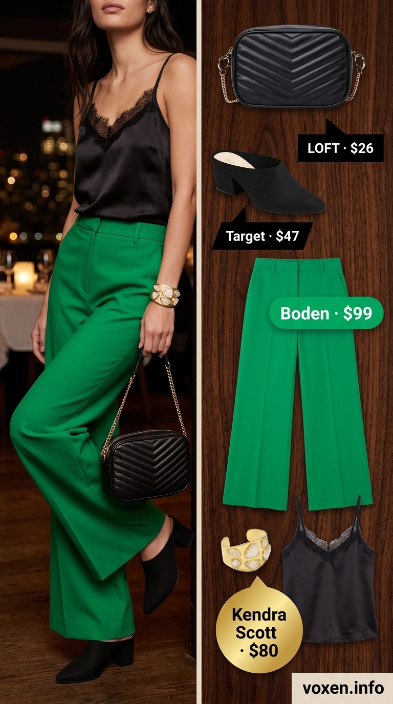 Emerald green wide-leg pants for romantic summer date night outfits for women 2026. Chic city evening look.