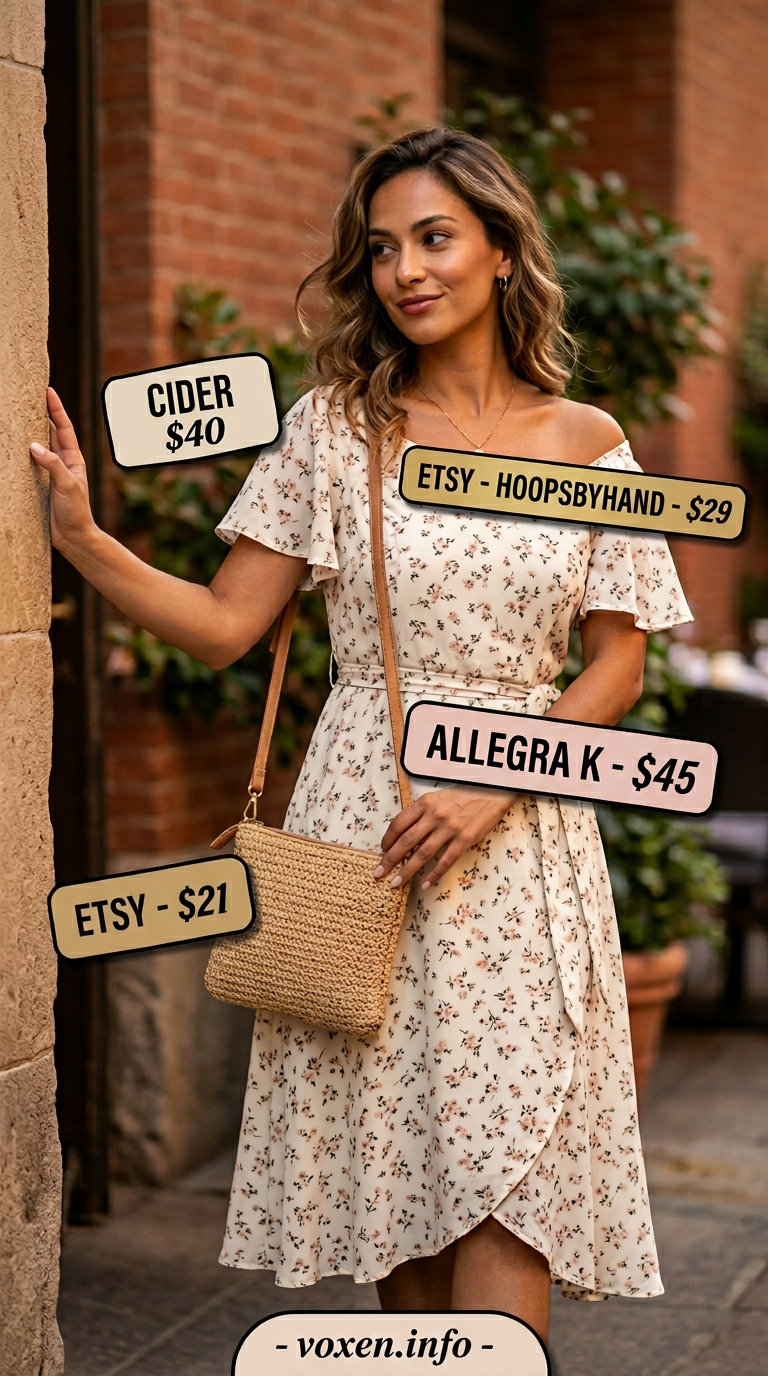 Pastel floral mini wrap dress for romantic summer date night outfits for women 2026. Whimsical summer dream.