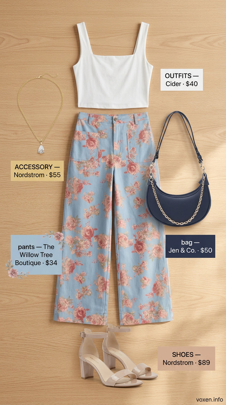 Floral wide-leg pants for romantic summer date night outfits for women 2026. Feminine dinner look.