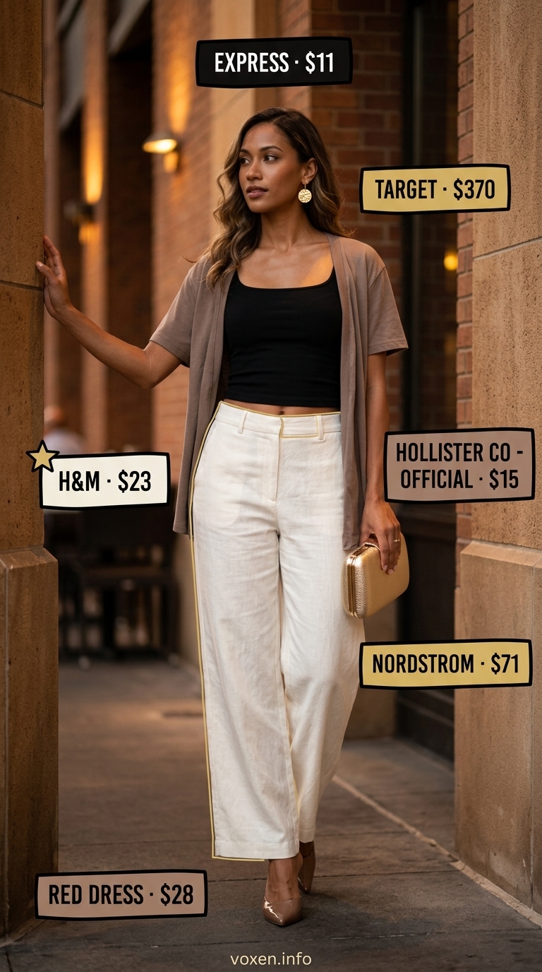 Ivory palazzo pants for romantic summer date night outfits for women 2026. Elegant evening look.