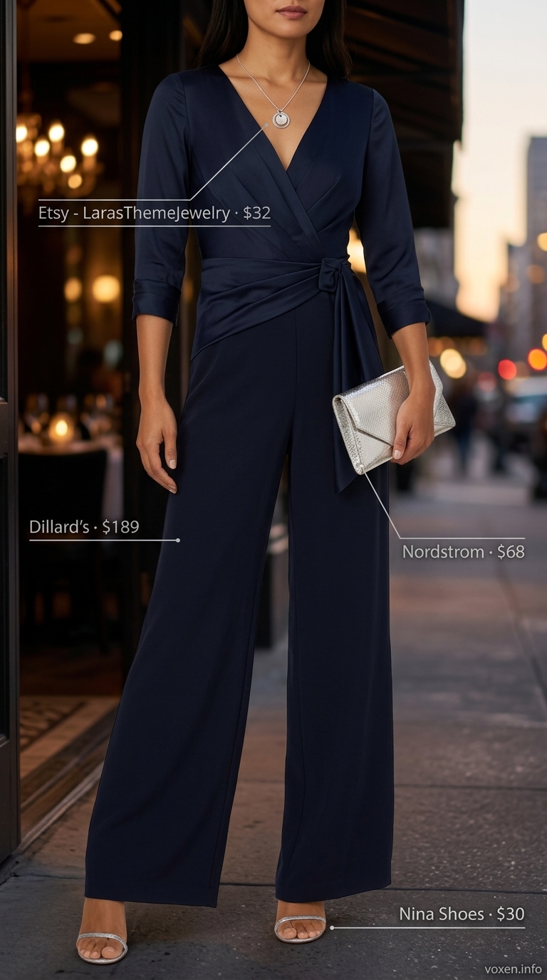 Navy blue wide-leg jumpsuit for romantic summer date night outfits for women 2026. Sophisticated evening look.