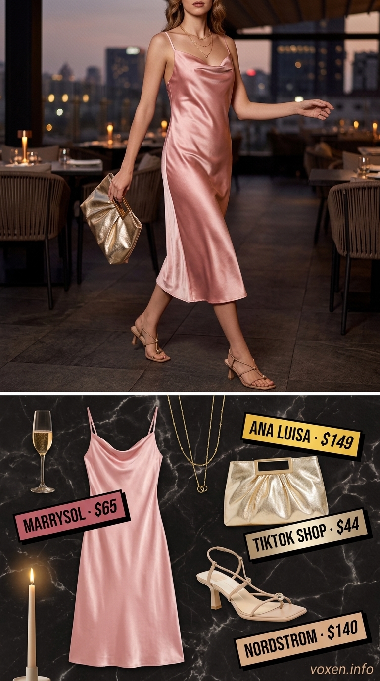 Blush pink silk slip dress for romantic summer date night outfits for women 2026. Elegant and sensual.