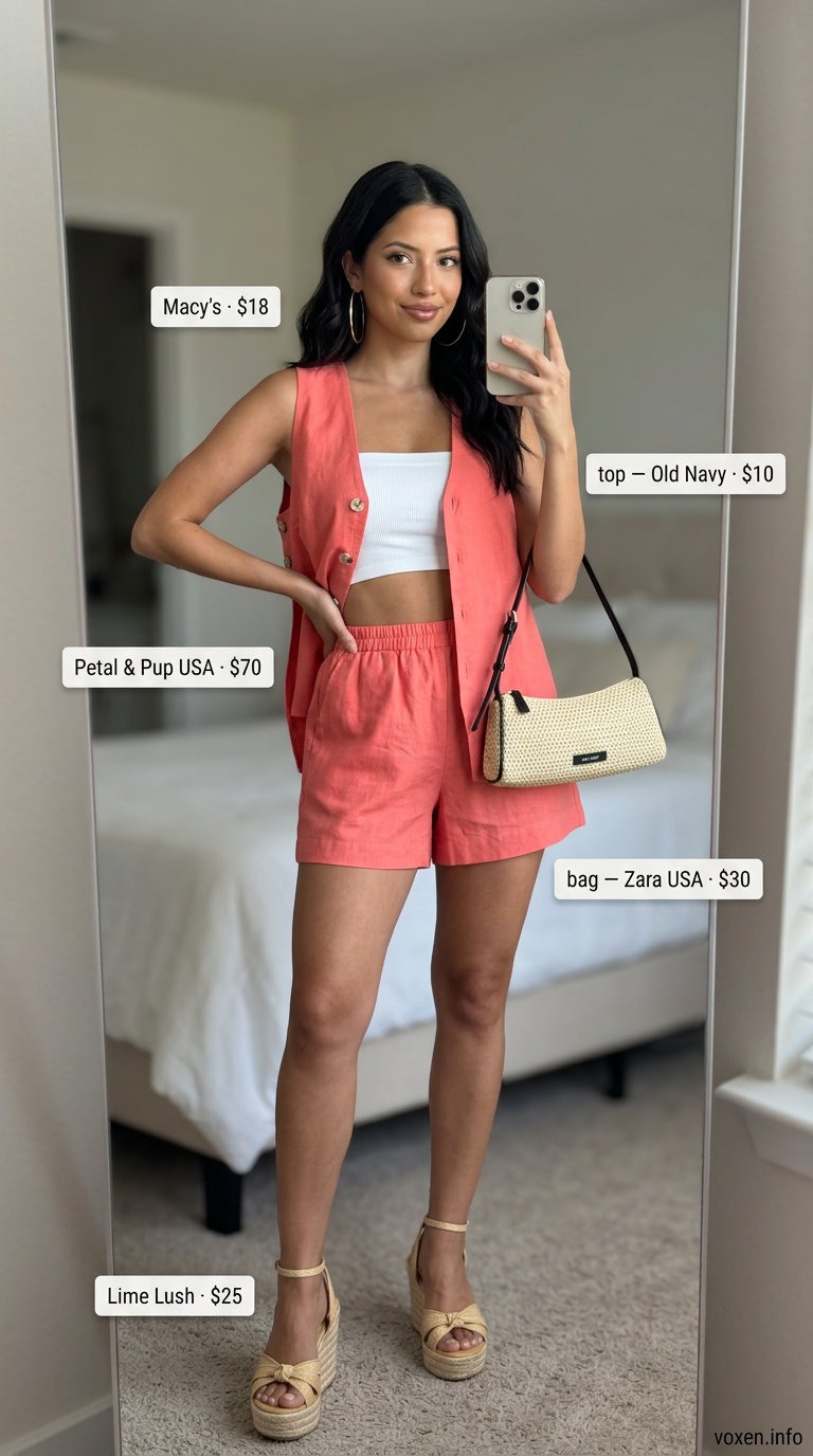 Coral linen matching set. Simple every day summer outfits for women 2026 for beach club luxe.