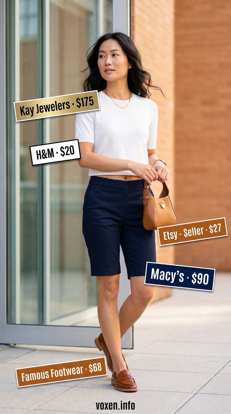 Chic navy Bermuda shorts with white knit top, shoulder bag, and leather loafers for simple every day summer outfits for women 2026.