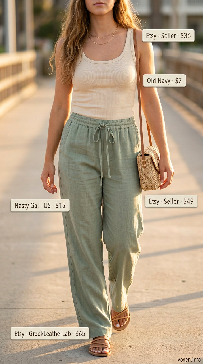 Simple every day summer outfits for women 2026: Sage green linen pants, cream tank for boardwalk stroll.