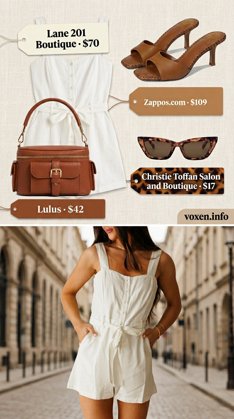 White linen romper, tan mules. Simple every day summer outfits for women 2026 for city break charm.