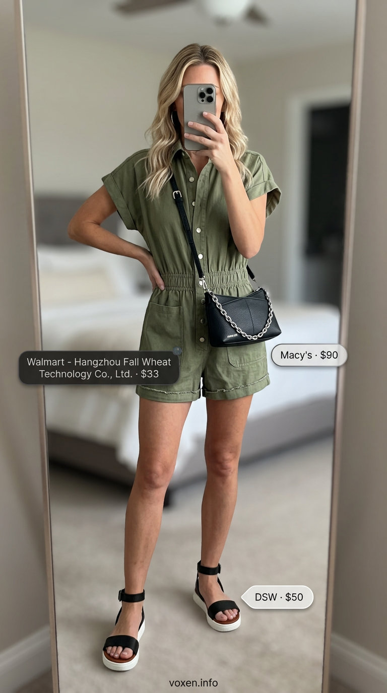 Simple every day summer outfits for women 2026: Khaki utility jumpsuit for city sightseeing.