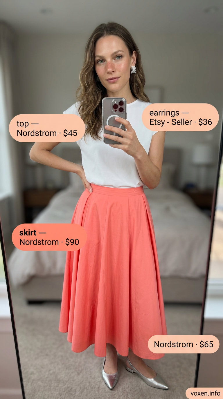 Coral midi skirt, white top. Simple every day summer outfits for women 2026 for art gallery casual.