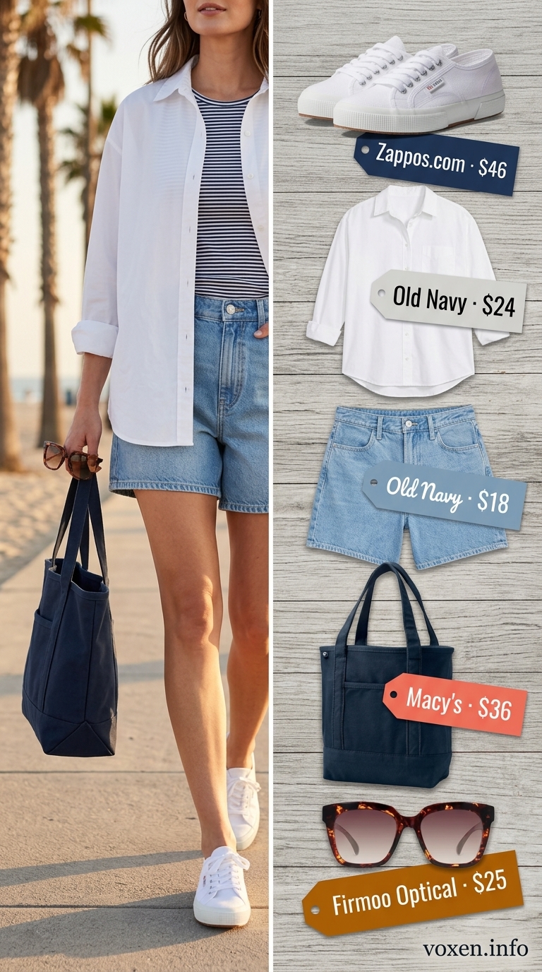 Fresh light blue denim shorts with oversized white shirt, canvas tote, and sneakers for simple every day summer outfits for women 2026.