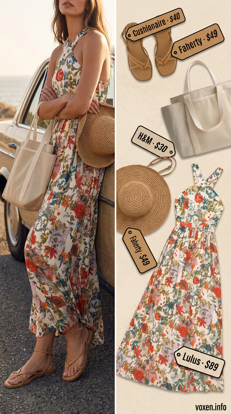Floral maxi dress, straw hat. Simple every day summer outfits for women 2026 for tropical escape.