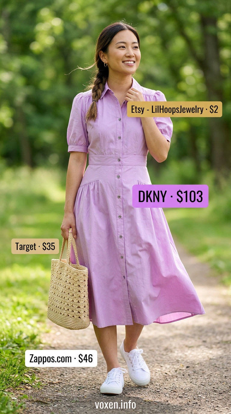 Lavender midi shirt dress. Simple every day summer outfits for women 2026 for sunny afternoon picnic.