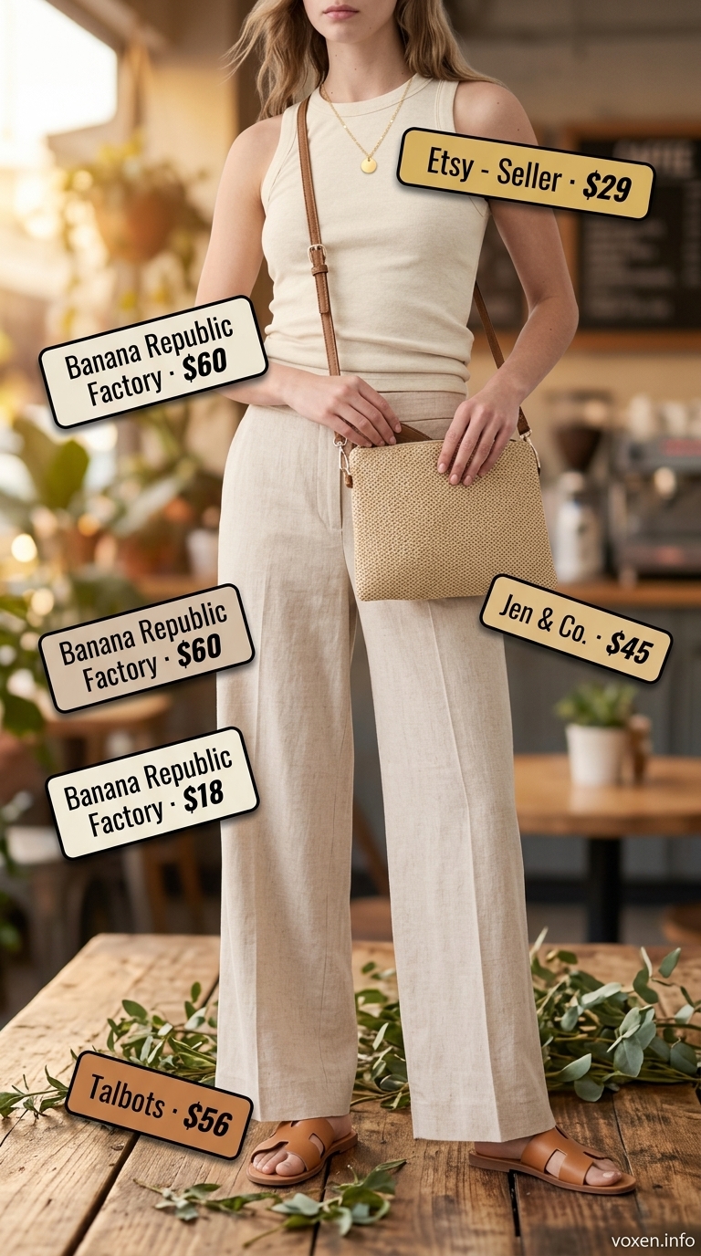 Simple every day summer outfits for women 2026: Beige linen pants, cream tank for casual brunch.