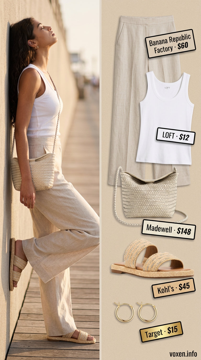 Relaxed natural linen pants with white tank, straw bag, and raffia sandals for simple every day summer outfits for women 2026.