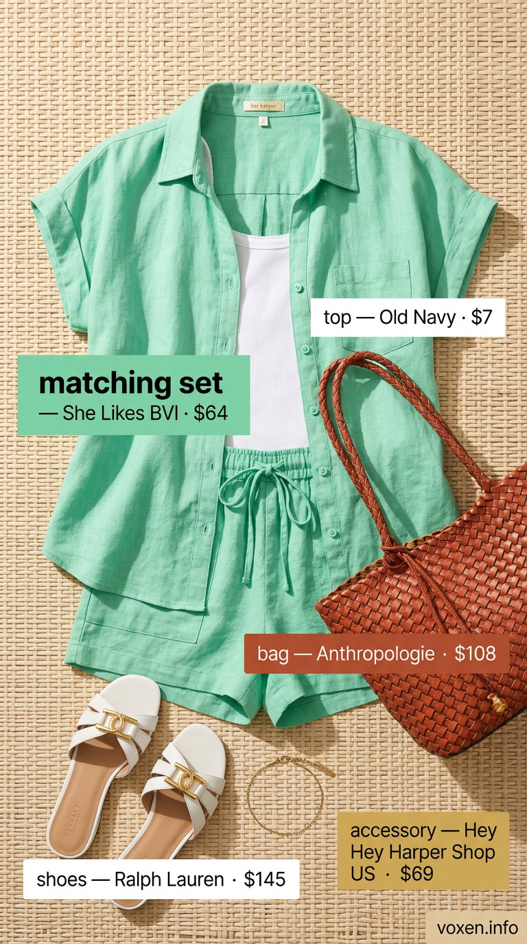 Mint green linen matching set. Simple every day summer outfits for women 2026 for fresh morning style.
