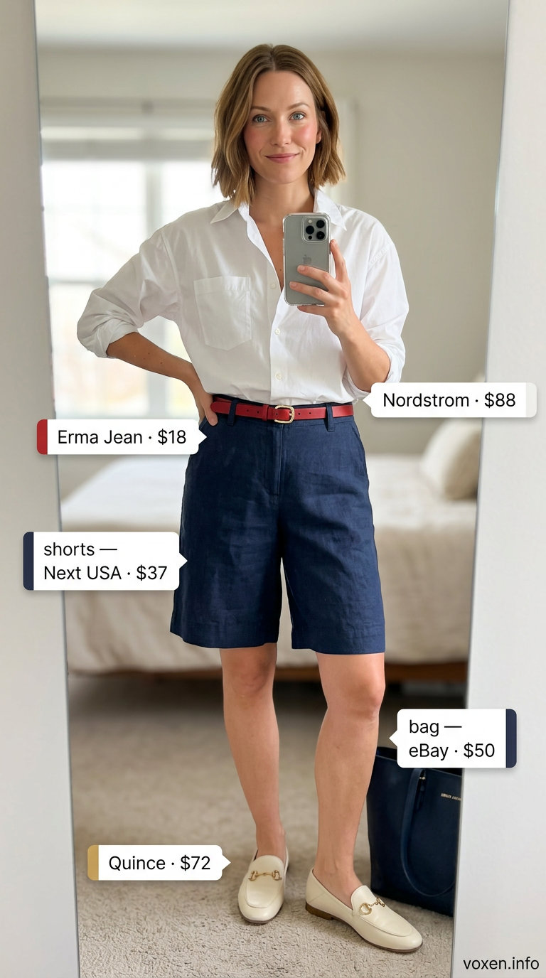 Navy linen shorts, white button-down, red belt. Simple every day summer outfits for women 2026 for resort lunch.