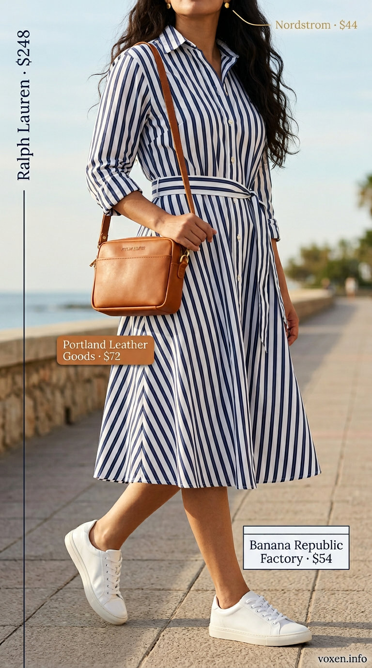 Classic navy stripe midi shirt dress with tie waist, crossbody bag, and sneakers for simple every day summer outfits for women 2026.