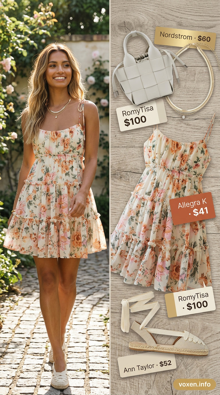 Whimsical terracotta sundress with smocked bodice, straw bag, and espadrille sandals for simple every day summer outfits for women 2026.