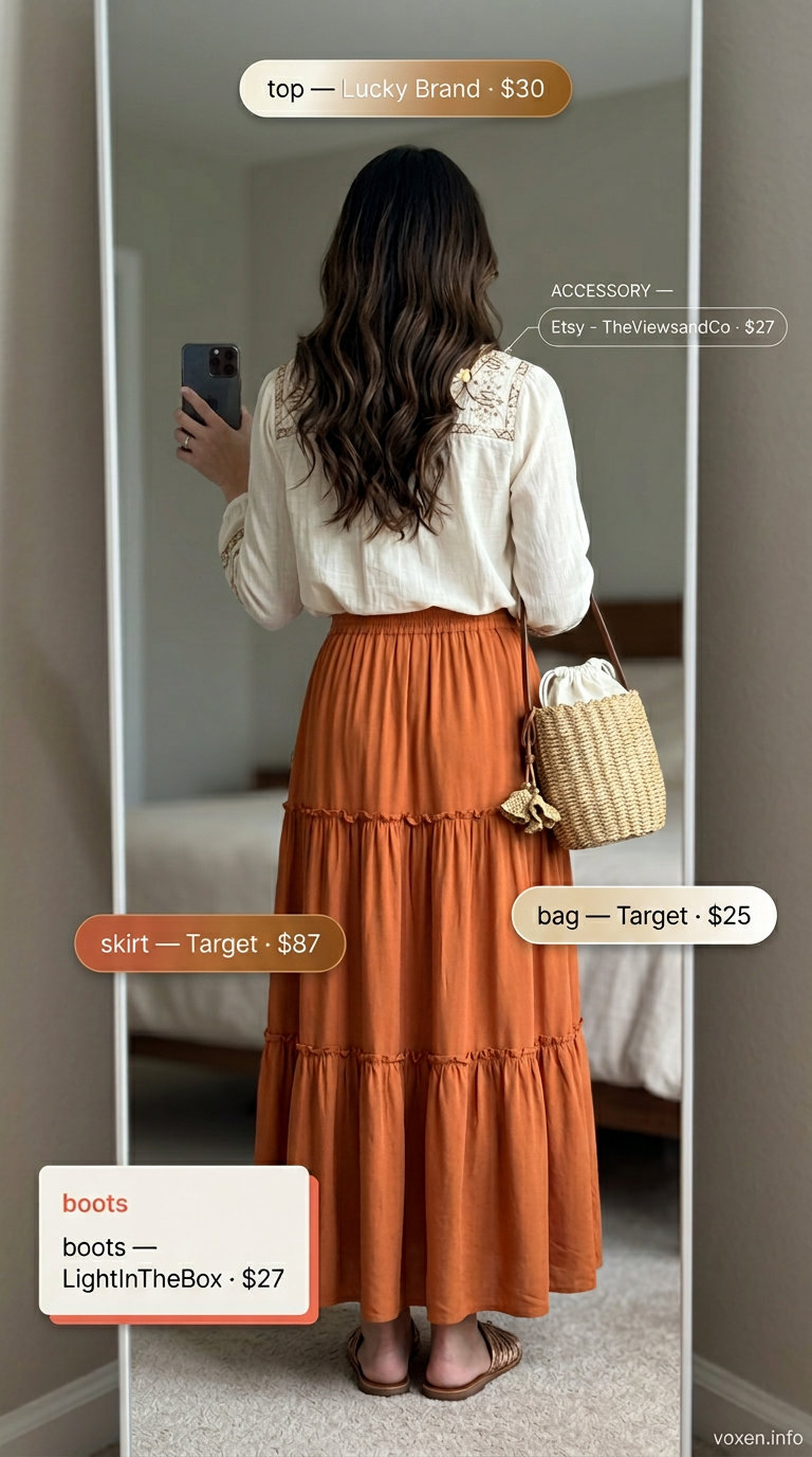 Boho terracotta tiered maxi skirt with ivory peasant blouse, straw bag, and bronze sandals for simple every day summer outfits for women 2026.