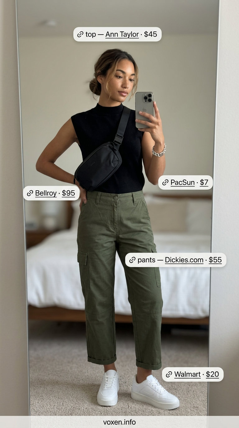 Olive green cargo pants, black mock neck top. Simple every day summer outfits for women 2026 for urban comfort.