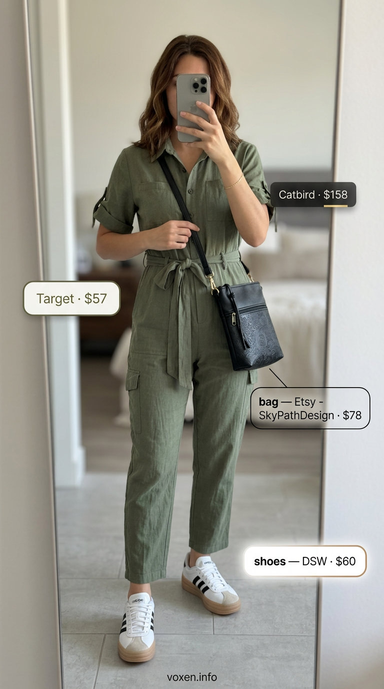 Olive green utility jumpsuit. Simple every day summer outfits for women 2026 for urban safari.